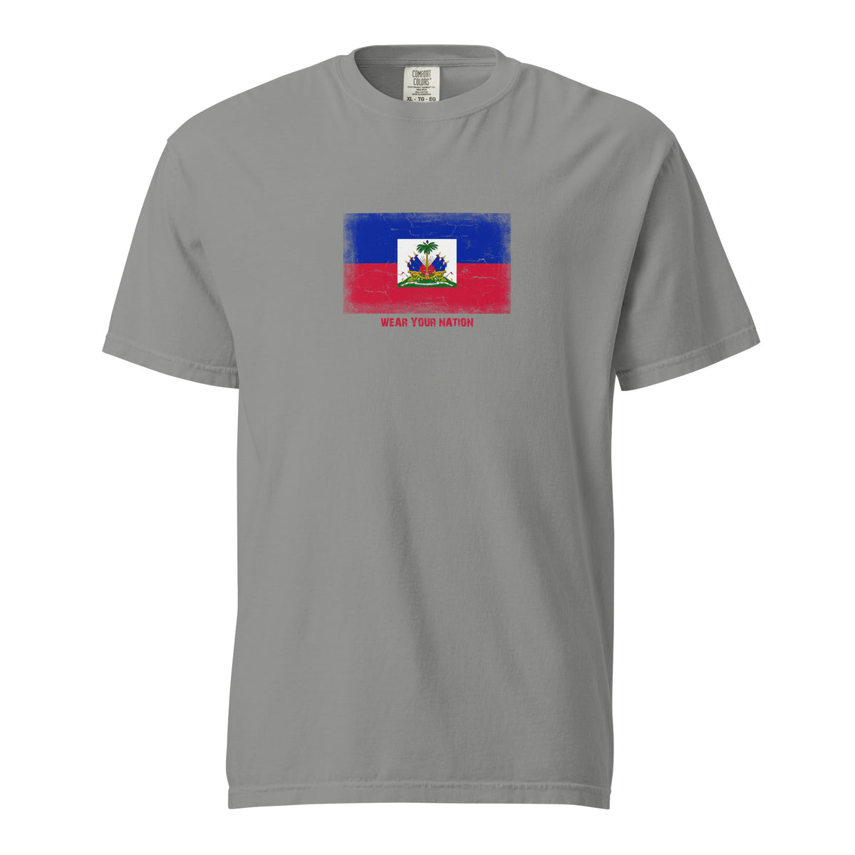 Haiti flag t-shirt in Grey, vintage-washed print, large flag on the chest, unisex cut, front view