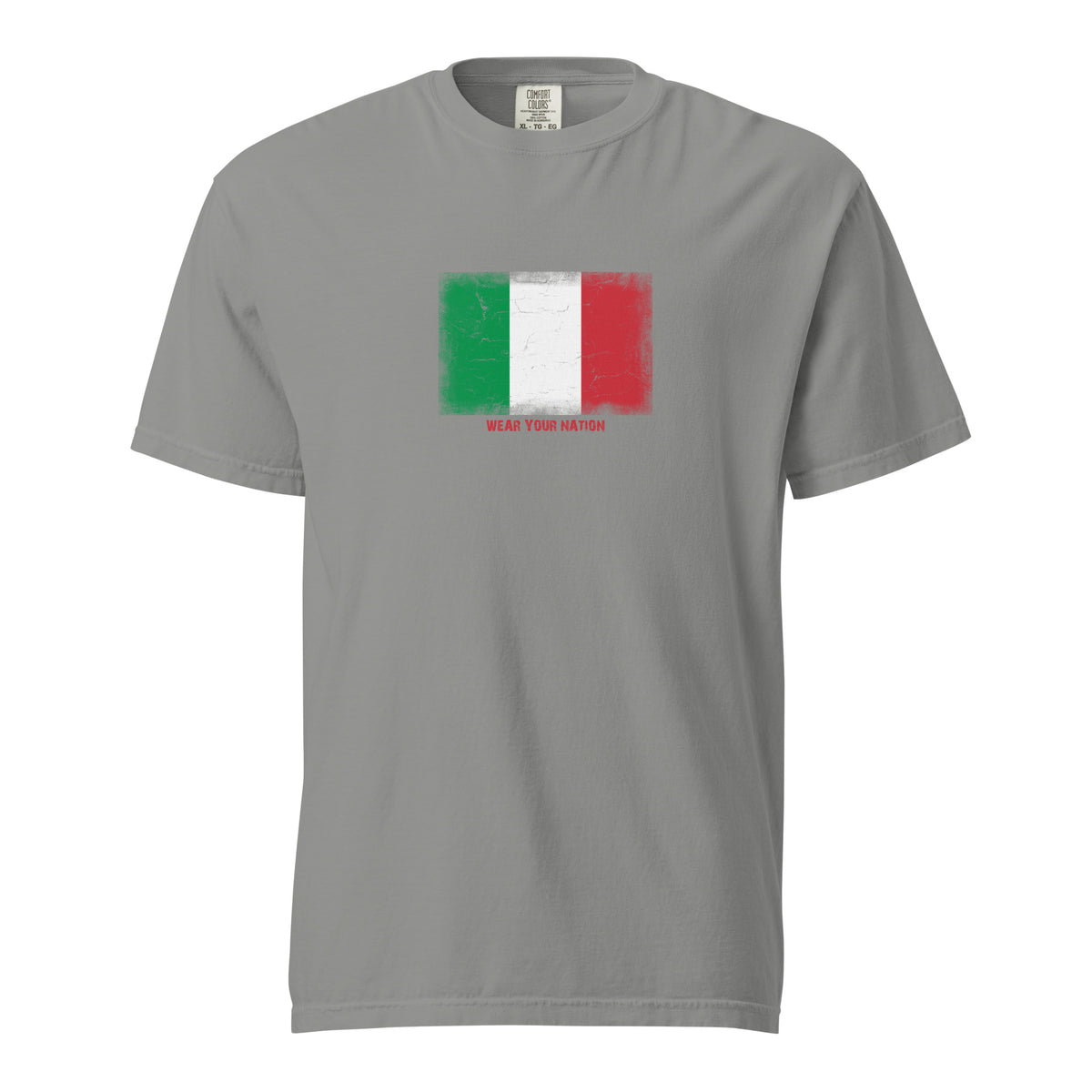 Italy flag t-shirt in Grey, vintage-washed print, large flag on the chest, unisex cut, front view