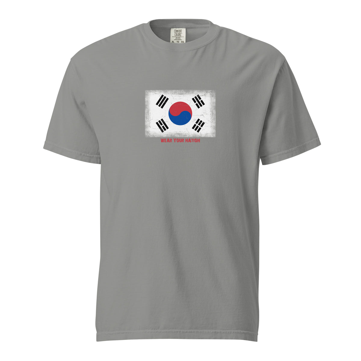 South Korea flag t-shirt in Grey, vintage-washed print, large flag on the chest, unisex cut, front view
