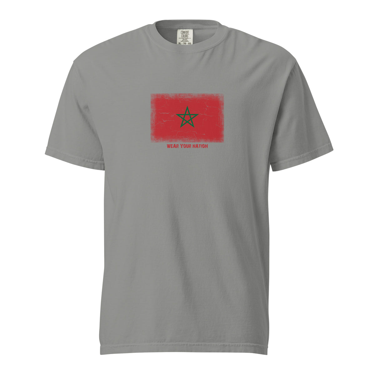 Morocco flag t-shirt in Grey, vintage-washed print, large flag on the chest, unisex cut, front view