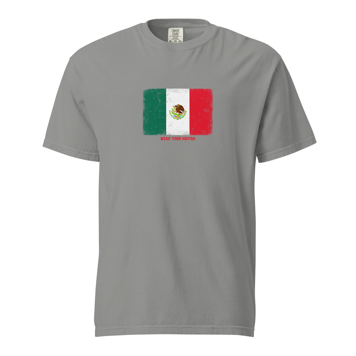 Mexico flag t-shirt in Grey, vintage-washed print, large flag on the chest, unisex cut, front view