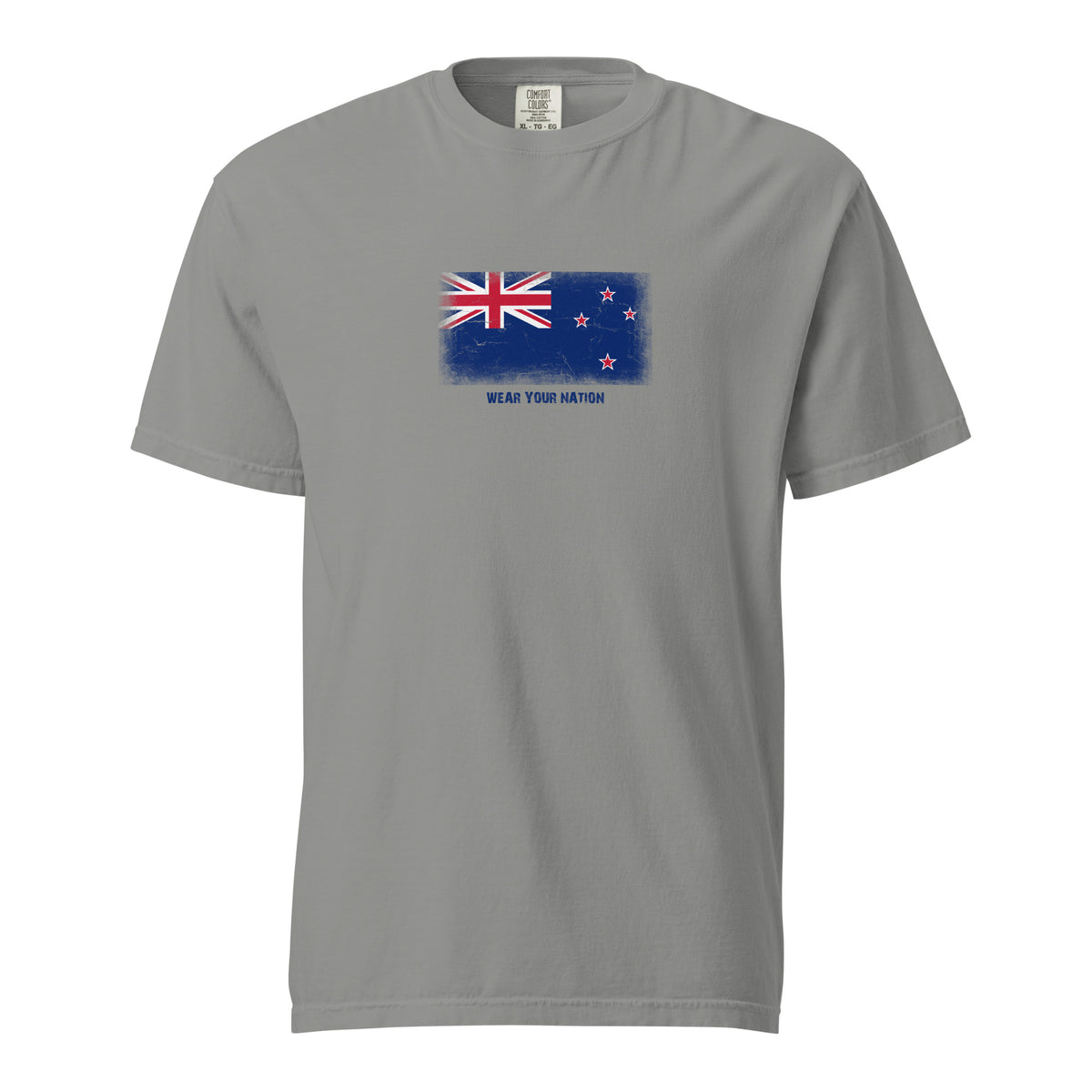 New Zealand flag t-shirt in Grey, vintage-washed print, large flag on the chest, unisex cut, front view