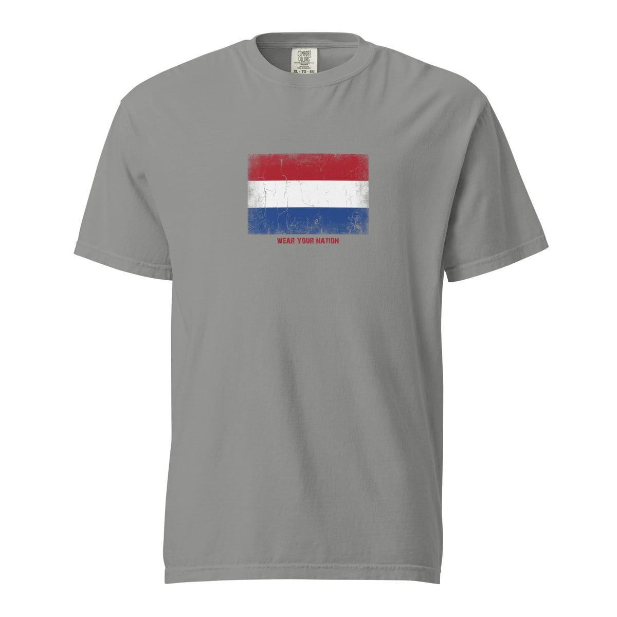 Netherlands flag t-shirt in Grey, vintage-washed print, large flag on the chest, unisex cut, front view