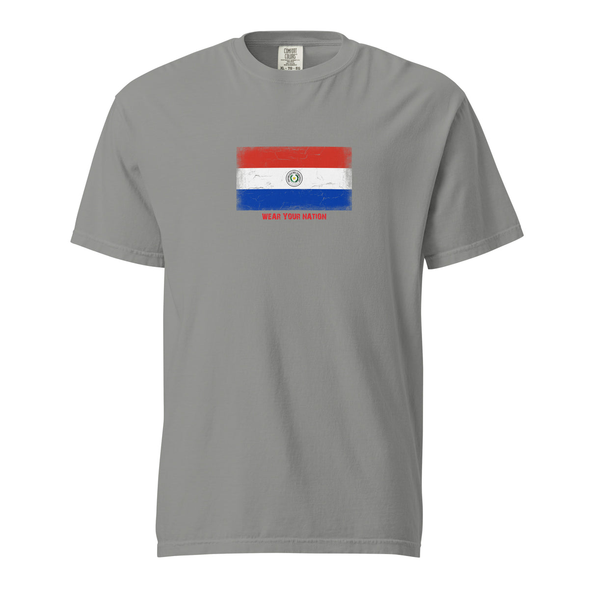 Paraguay flag t-shirt in Grey, vintage-washed print, large flag on the chest, unisex cut, front view