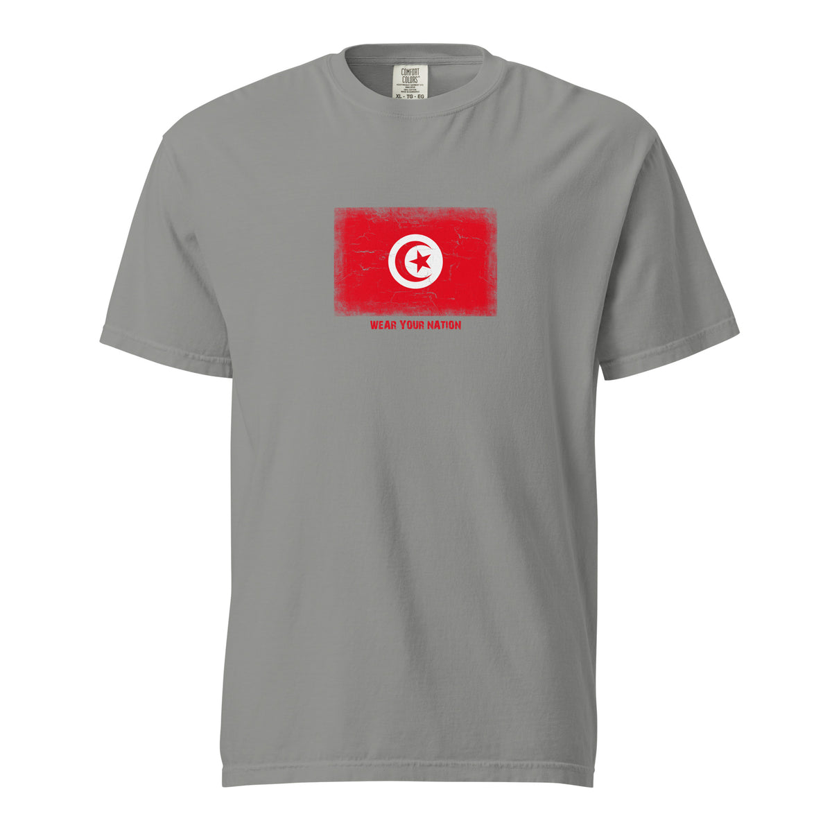 Tunisia flag t-shirt in Grey, vintage-washed print, large flag on the chest, unisex cut, front view