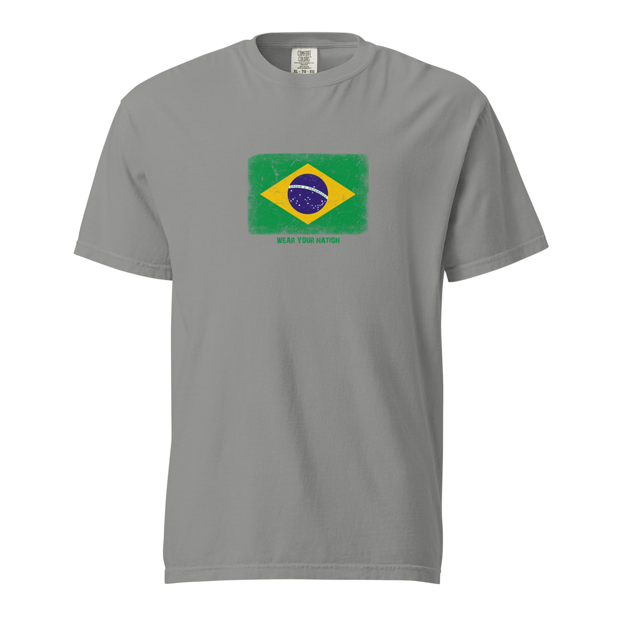 Brasil flag t-shirt in Grey, vintage-washed print, large flag on the chest, unisex cut, front view