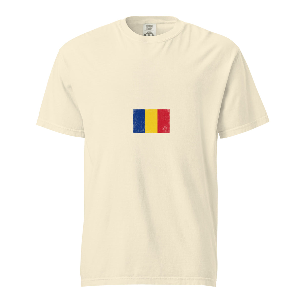 Romania flag t-shirt in Ivory, vintage-washed print, small flag on the chest, unisex cut, front view