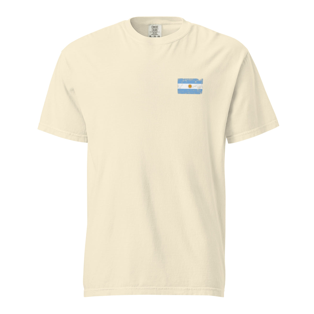 Argentina flag t-shirt in Ivory, vintage-washed print, small flag on the left chest, unisex cut, front view
