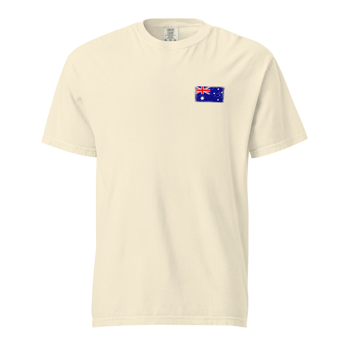 Australia flag t-shirt in Ivory, vintage-washed print, small flag on the left chest, unisex cut, front view