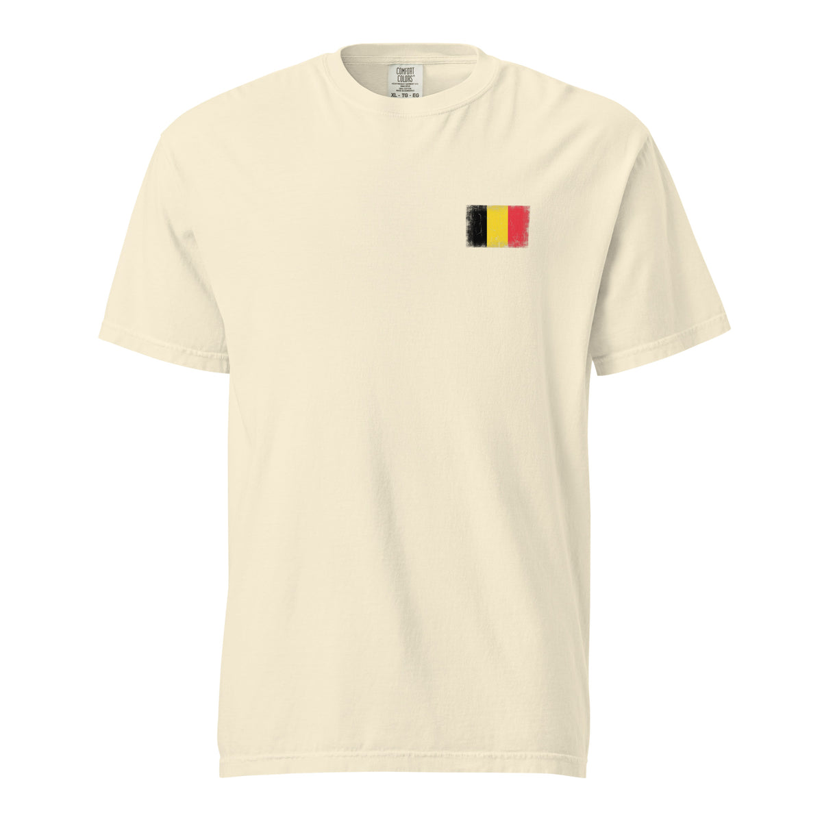 Belgium flag t-shirt in Ivory, vintage-washed print, small flag on the left chest, unisex cut, front view