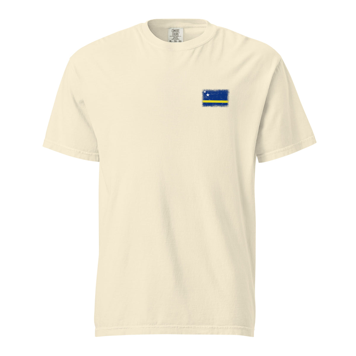 Curaçao flag t-shirt in Ivory, vintage-washed print, small flag on the left chest, unisex cut, front view