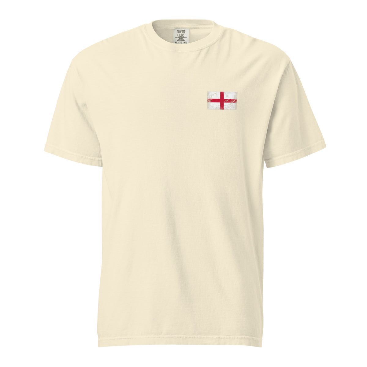 England flag t-shirt in Ivory, vintage-washed print, small flag on the left chest, unisex cut, front view