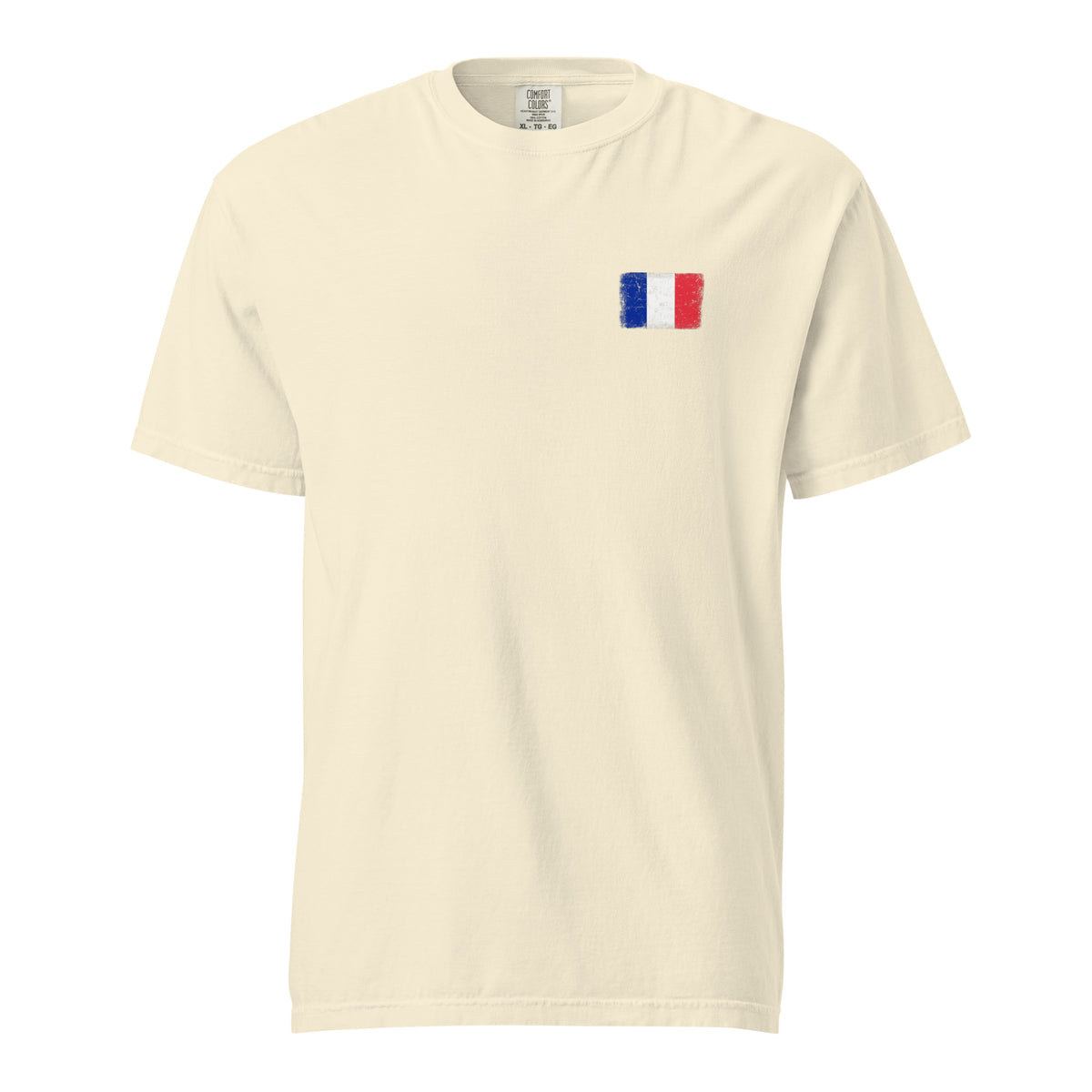 France flag t-shirt in Ivory, vintage-washed print, small flag on the left chest, unisex cut, front view