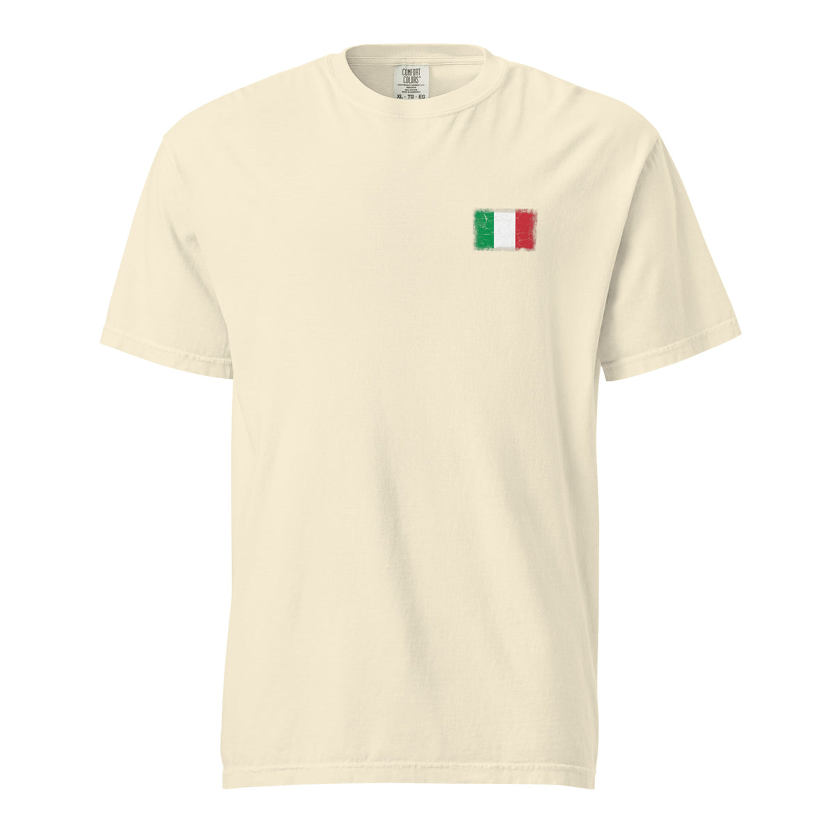 Italy flag t-shirt in Ivory, vintage-washed print, small flag on the left chest, unisex cut, front view