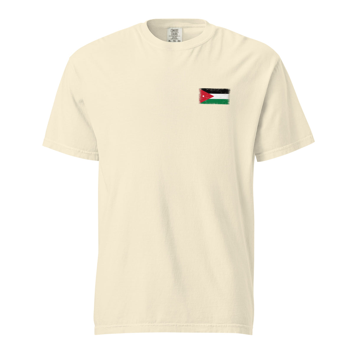 Jordan flag t-shirt in Ivory, vintage-washed print, small flag on the left chest, unisex cut, front view