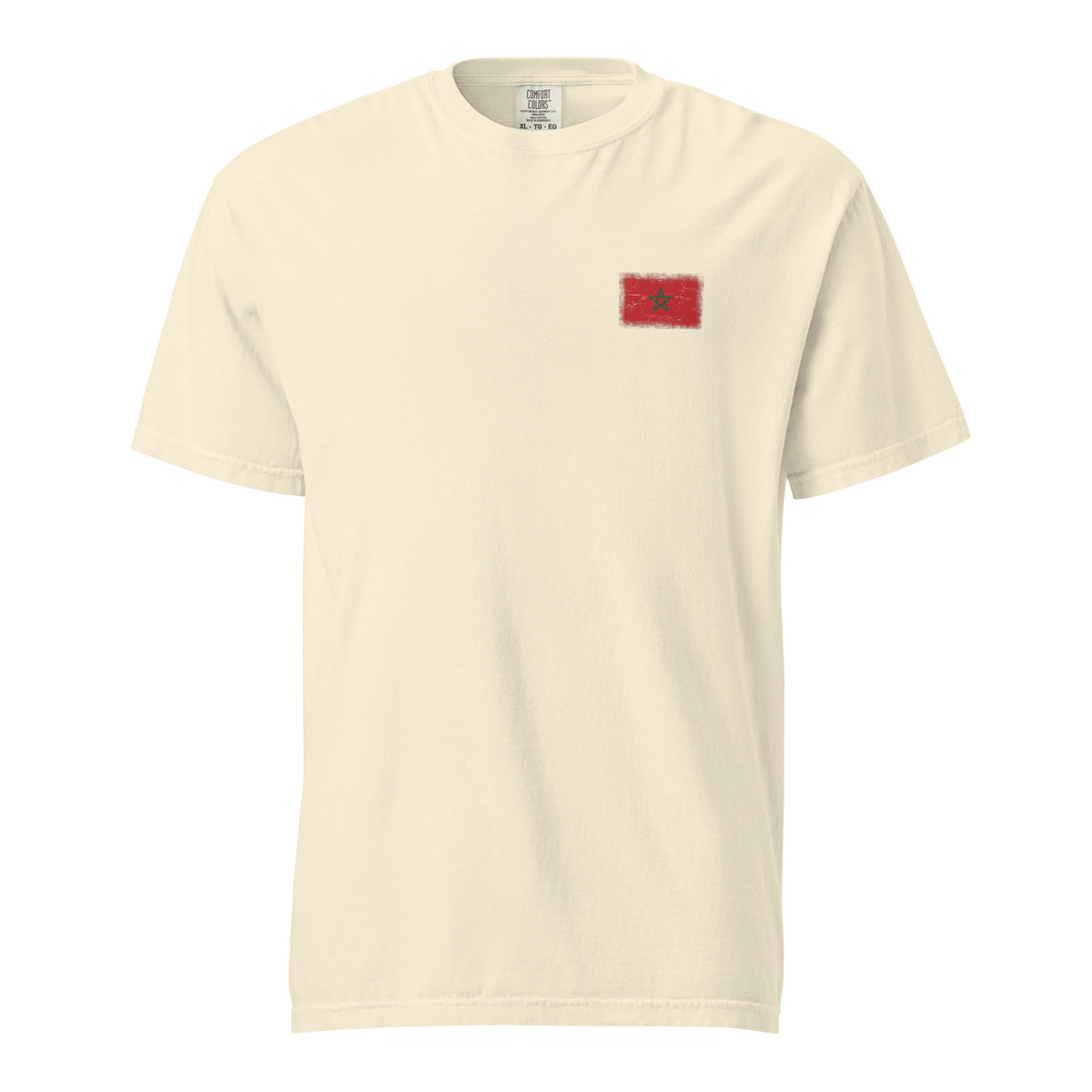 Morocco flag t-shirt in Ivory, vintage-washed print, small flag on the left chest, unisex cut, front view
