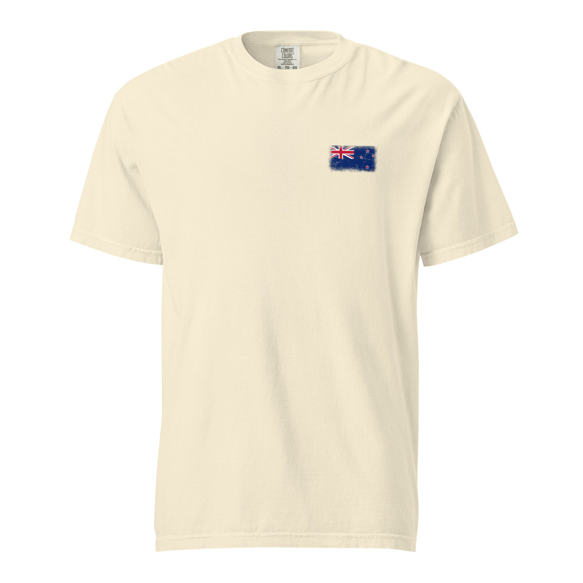 New Zealand flag t-shirt in Ivory, vintage-washed print, small flag on the left chest, unisex cut, front view