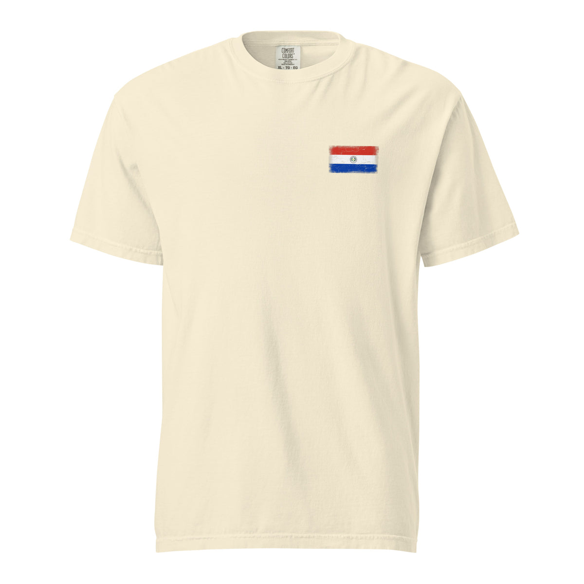 Paraguay flag t-shirt in Ivory, vintage-washed print, small flag on the left chest, unisex cut, front view