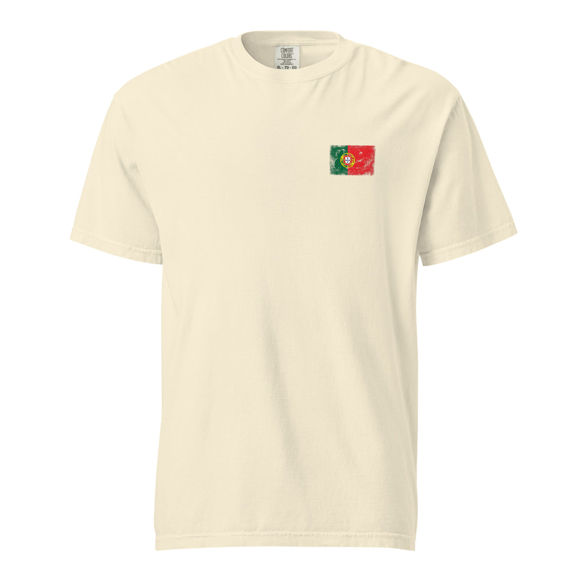 Portugal flag t-shirt in Ivory, vintage-washed print, small flag on the left chest, unisex cut, front view