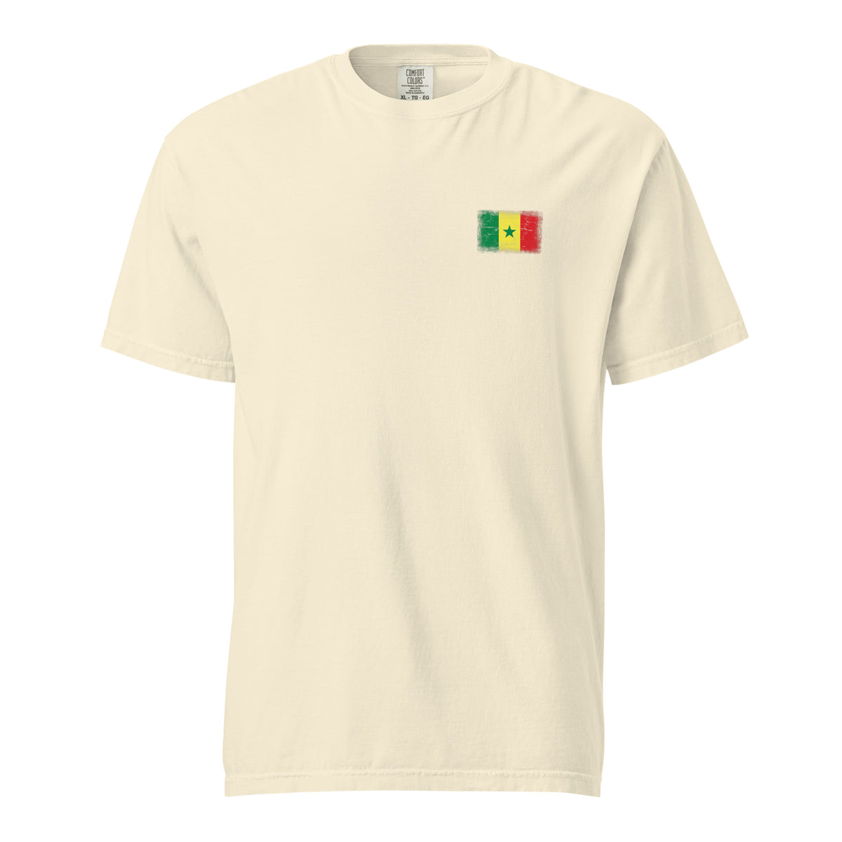Senegal flag t-shirt in Ivory, vintage-washed print, small flag on the left chest, unisex cut, front view
