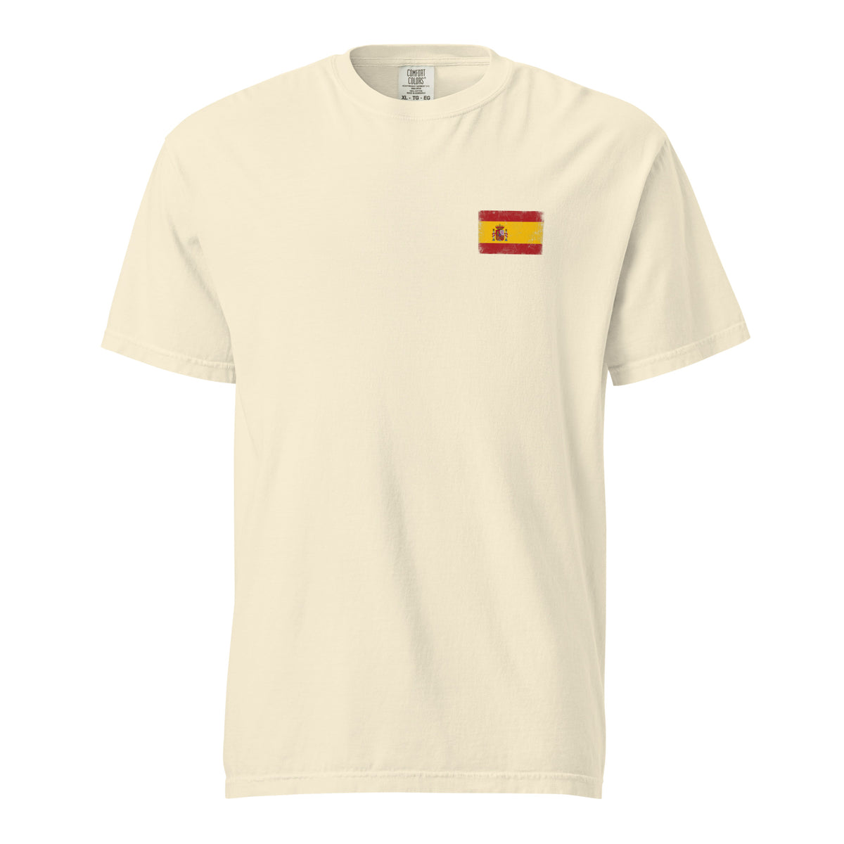 Spain flag t-shirt in Ivory, vintage-washed print, small flag on the left chest, unisex cut, front view