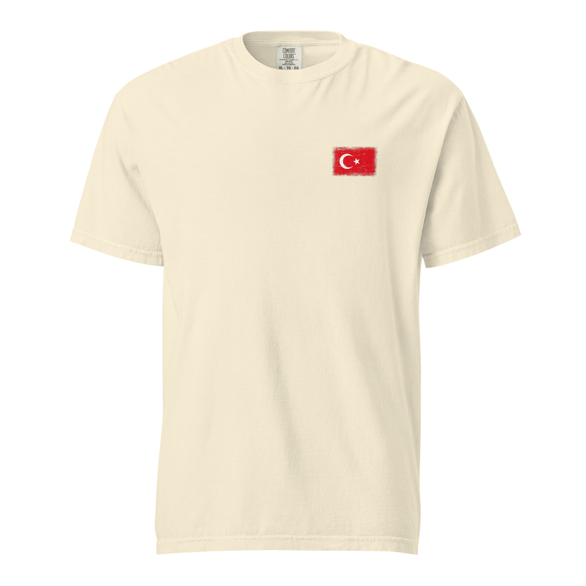 Turkey flag t-shirt in Ivory, vintage-washed print, small flag on the left chest, unisex cut, front view