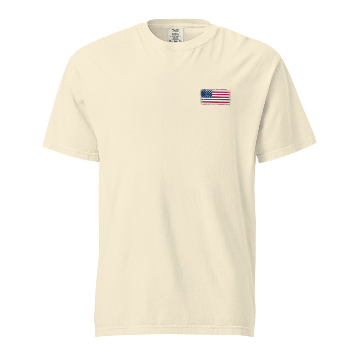 USA flag t-shirt in Ivory, vintage-washed print, small flag on the left chest, unisex cut, front view