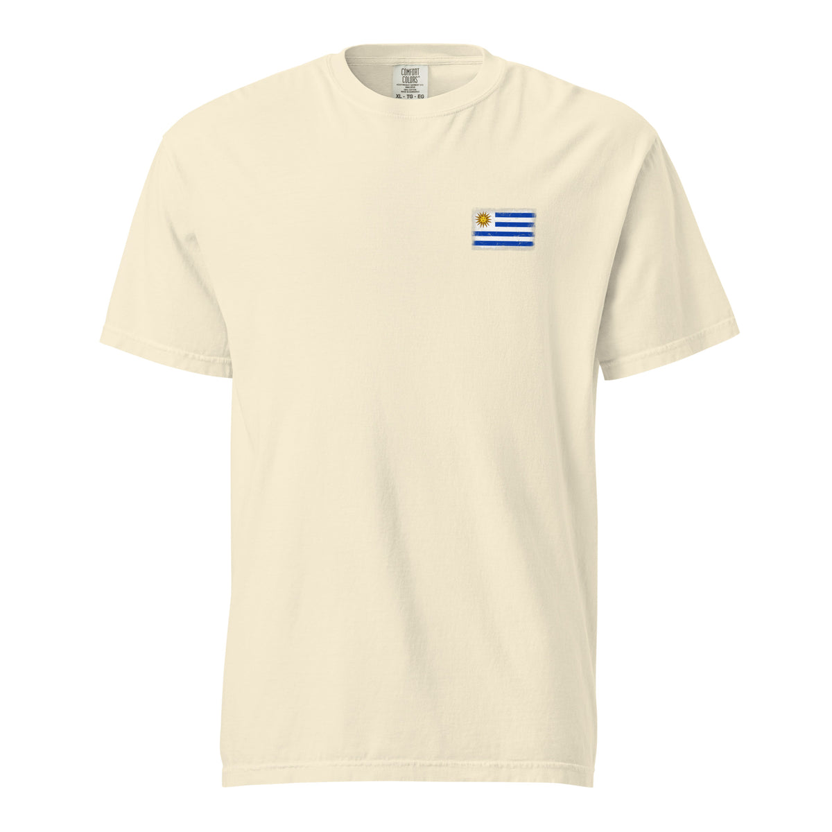 Uruguay flag t-shirt in Ivory, vintage-washed print, small flag on the left chest, unisex cut, front view
