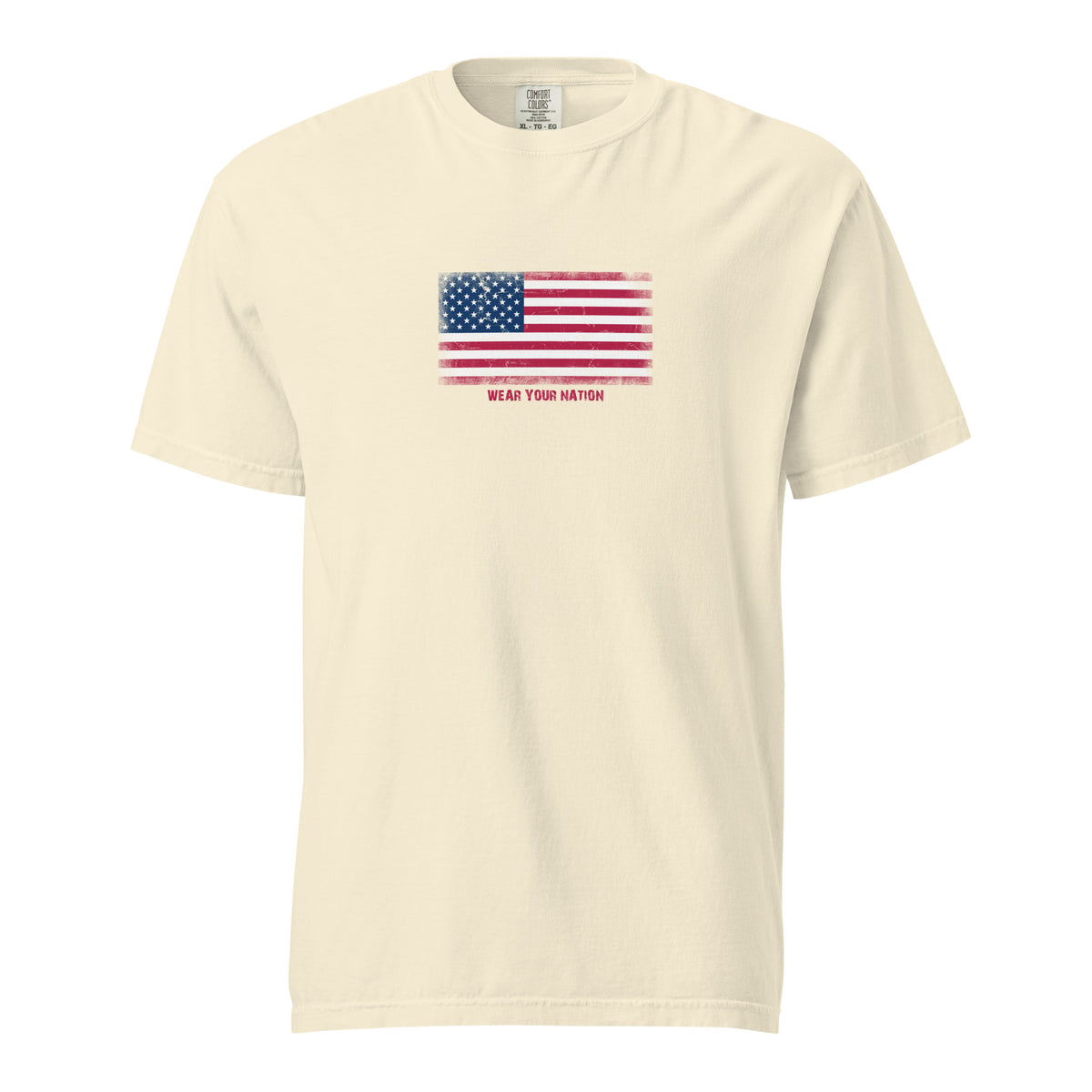 USA flag t-shirt in Ivory, vintage-washed print, large flag on the chest, unisex cut, front view