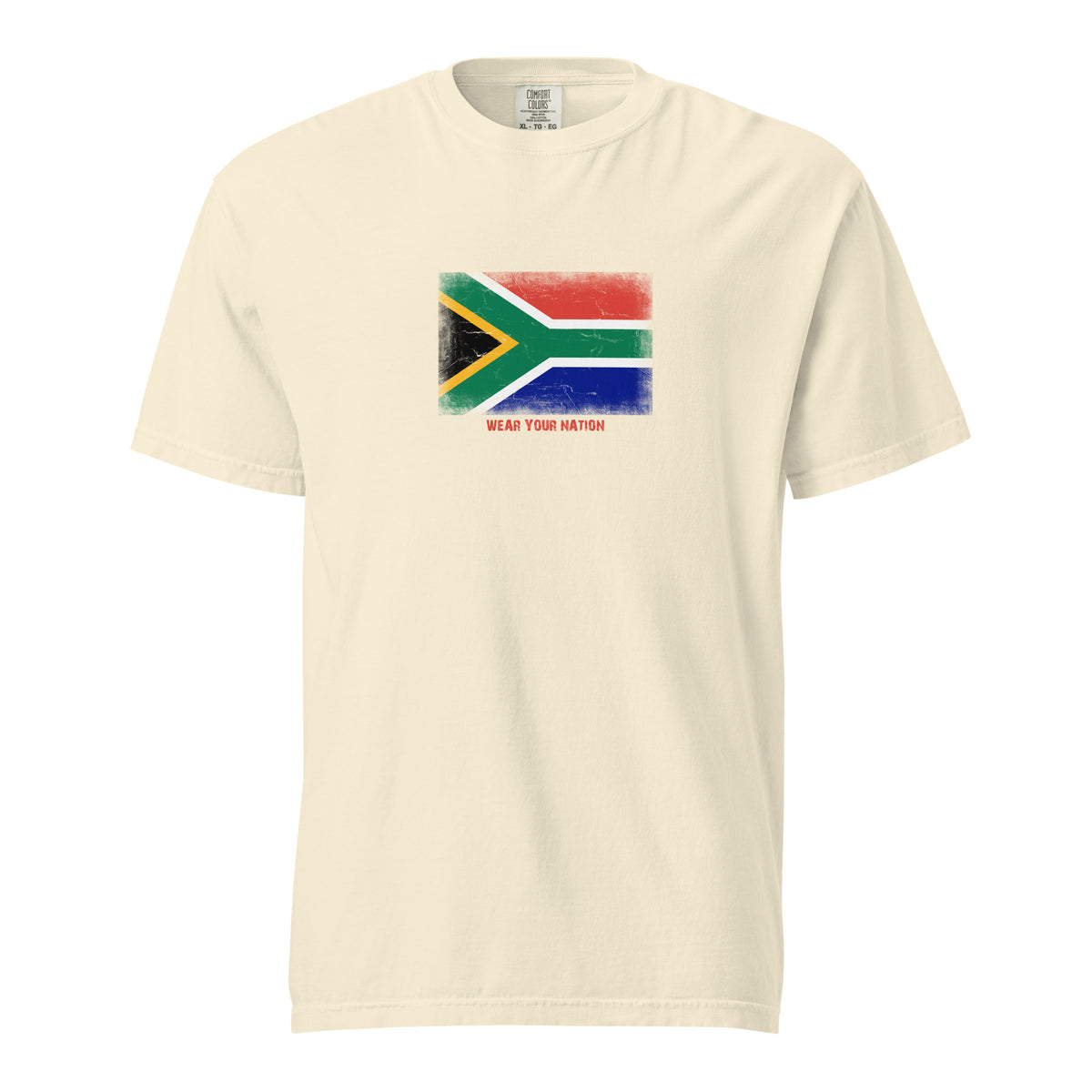 South Africa flag t-shirt in Ivory, vintage-washed print, large flag on the chest, unisex cut, front view