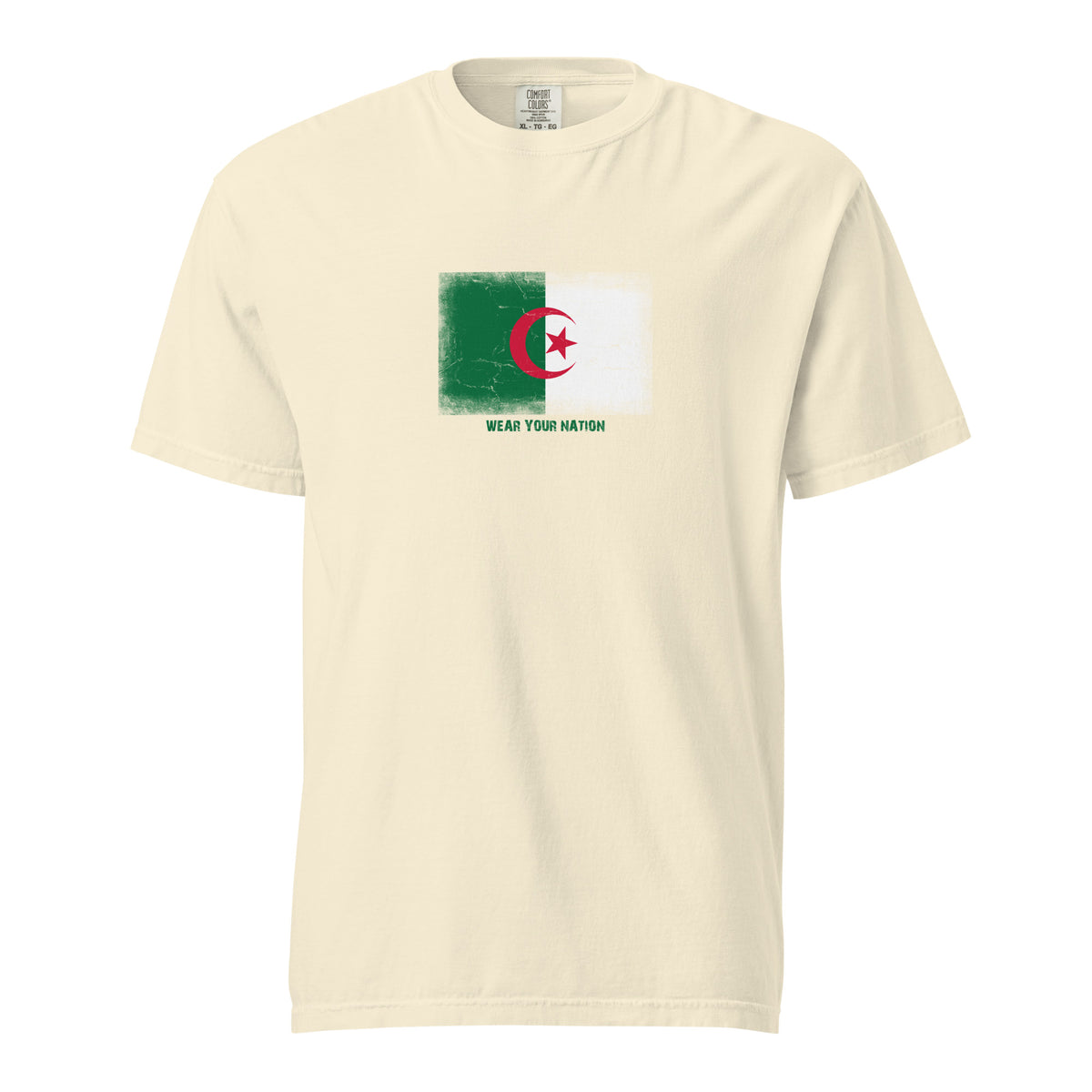 Algeria flag t-shirt in Ivory, vintage-washed print, large flag on the chest, unisex cut, front view