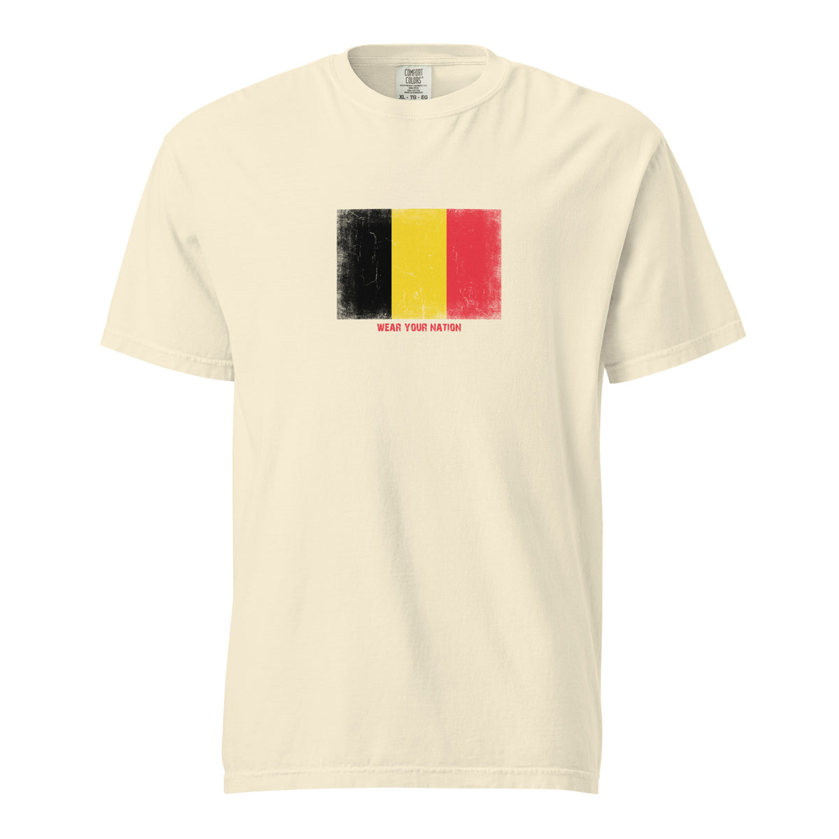 Belgium flag t-shirt in Ivory, vintage-washed print, large flag on the chest, unisex cut, front view
