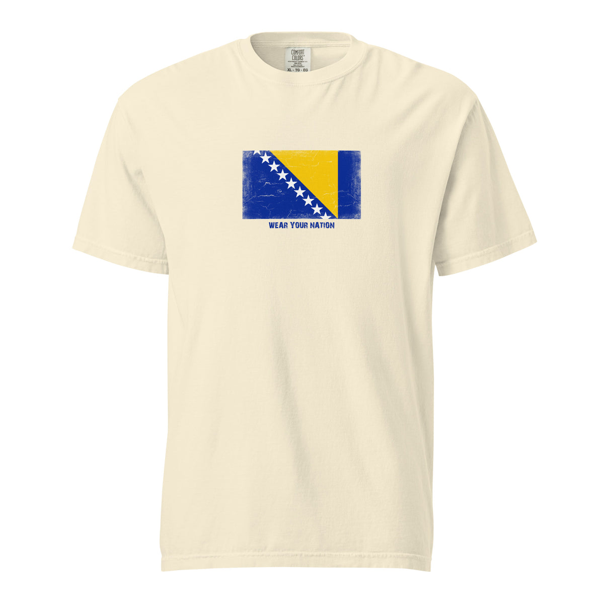 Bosnia and Herzegovina flag t-shirt in Ivory, vintage-washed print, large flag on the chest, unisex cut, front view