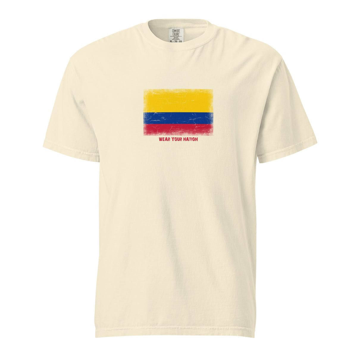 Colombia flag t-shirt in Ivory, vintage-washed print, large flag on the chest, unisex cut, front view