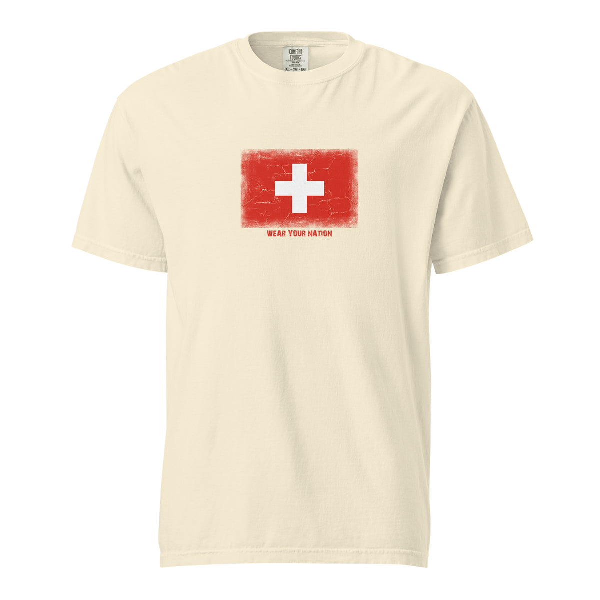 Switzerland flag t-shirt in Ivory, vintage-washed print, large flag on the chest, unisex cut, front view