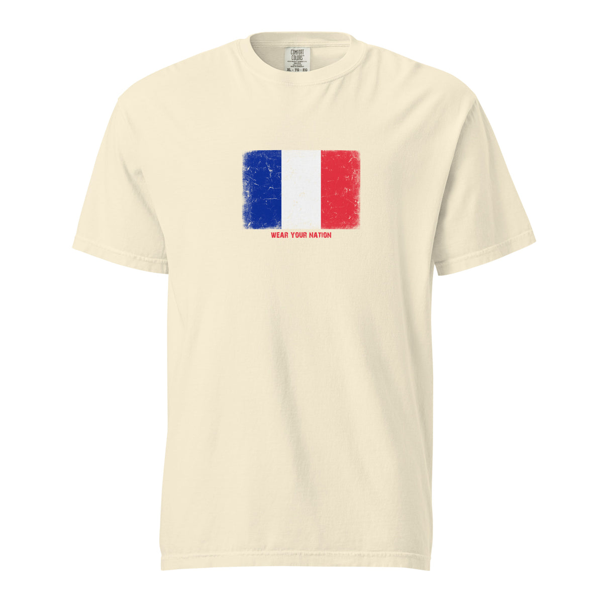 France flag t-shirt in Ivory, vintage-washed print, large flag on the chest, unisex cut, front view