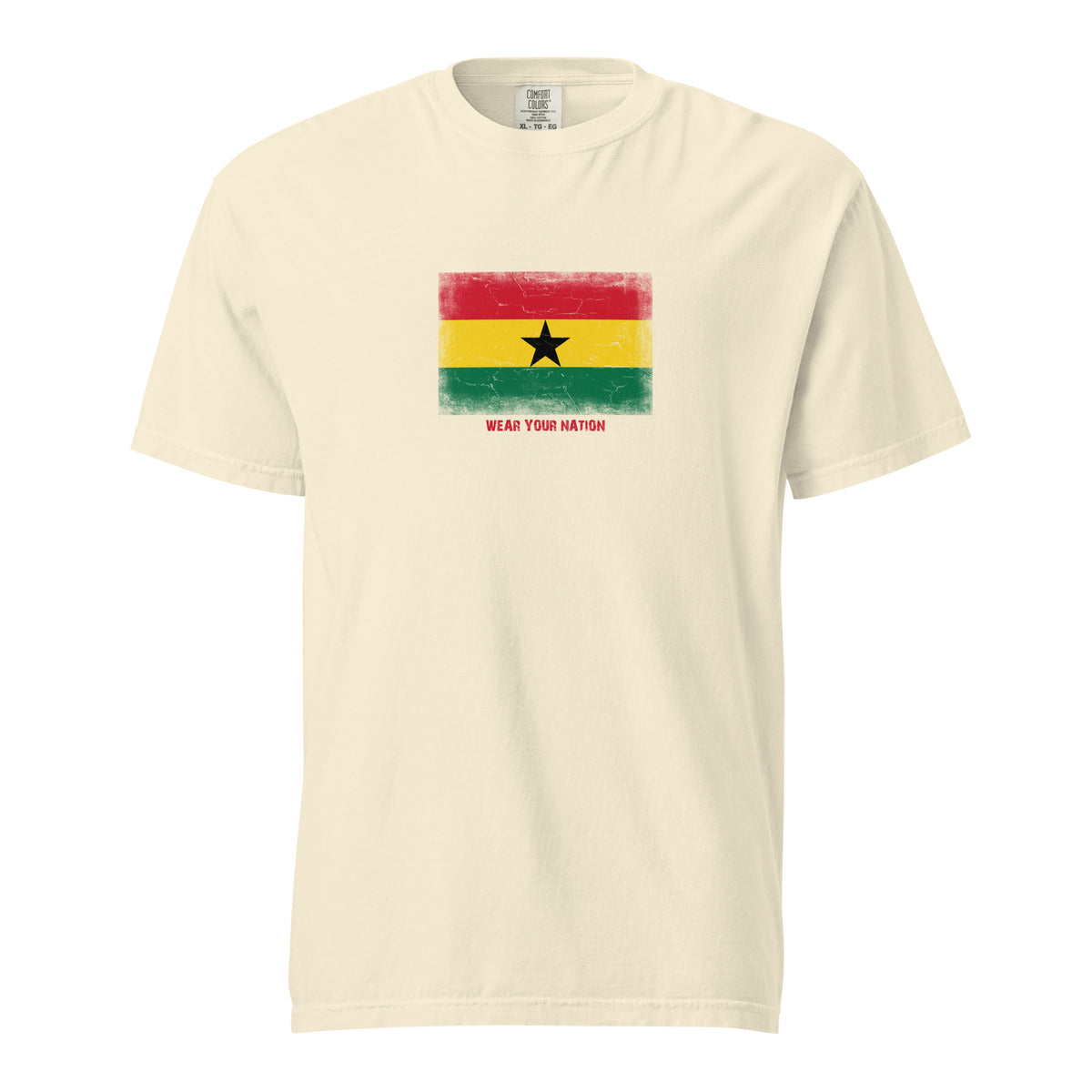 Ghana flag t-shirt in Ivory, vintage-washed print, large flag on the chest, unisex cut, front view