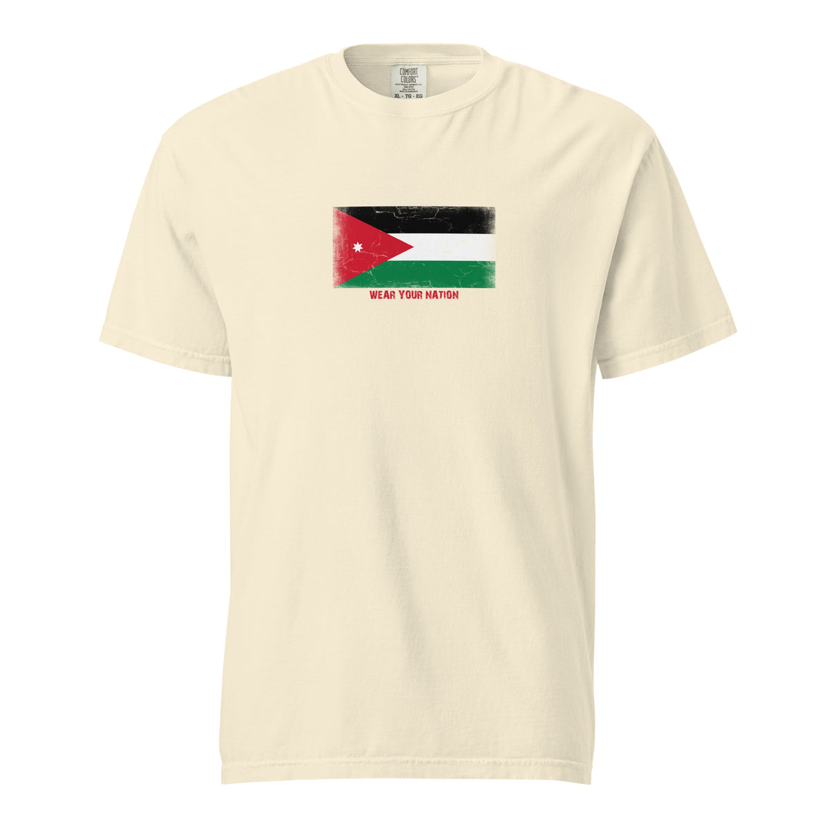 Jordan flag t-shirt in Ivory, vintage-washed print, large flag on the chest, unisex cut, front view