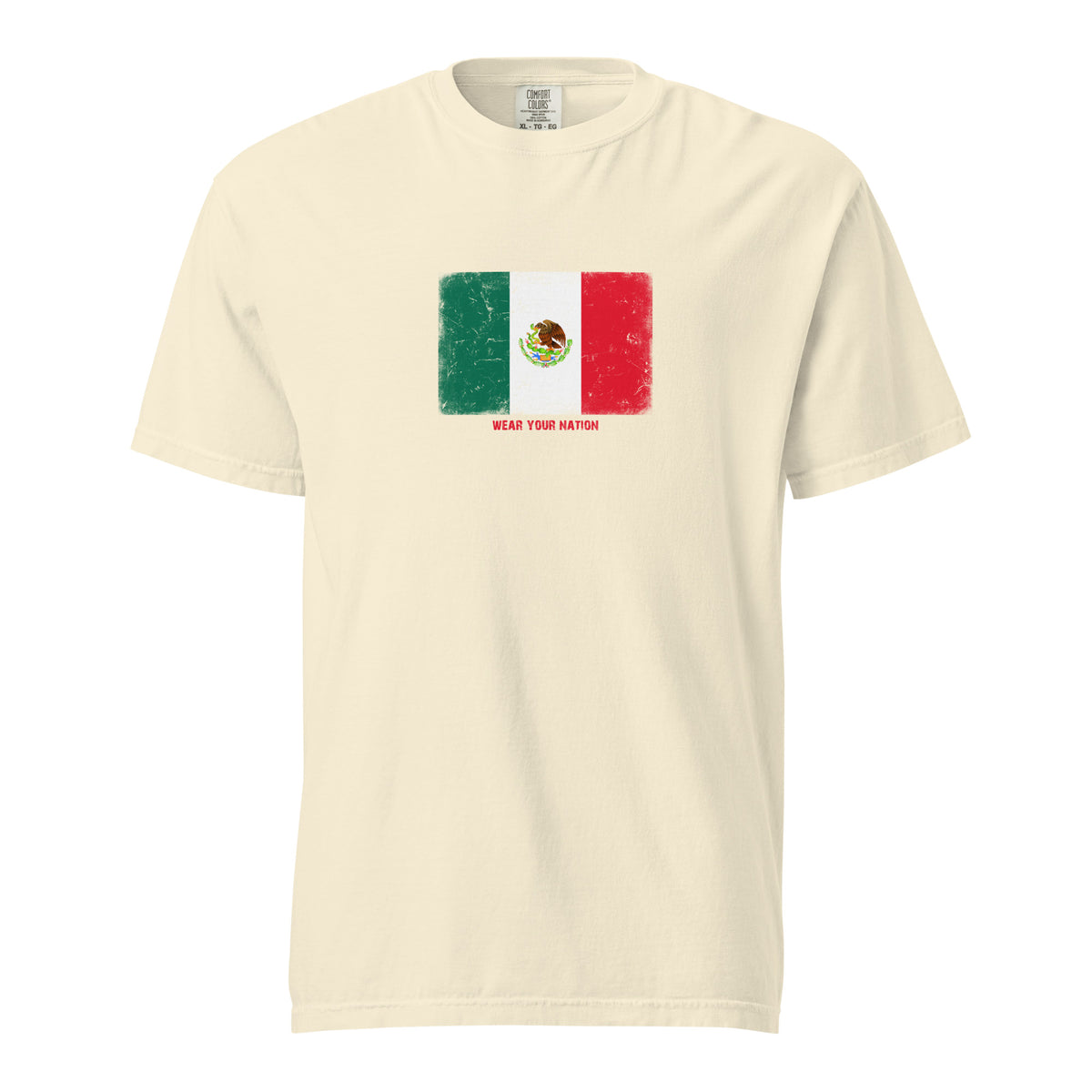 Mexico flag t-shirt in Ivory, vintage-washed print, large flag on the chest, unisex cut, front view