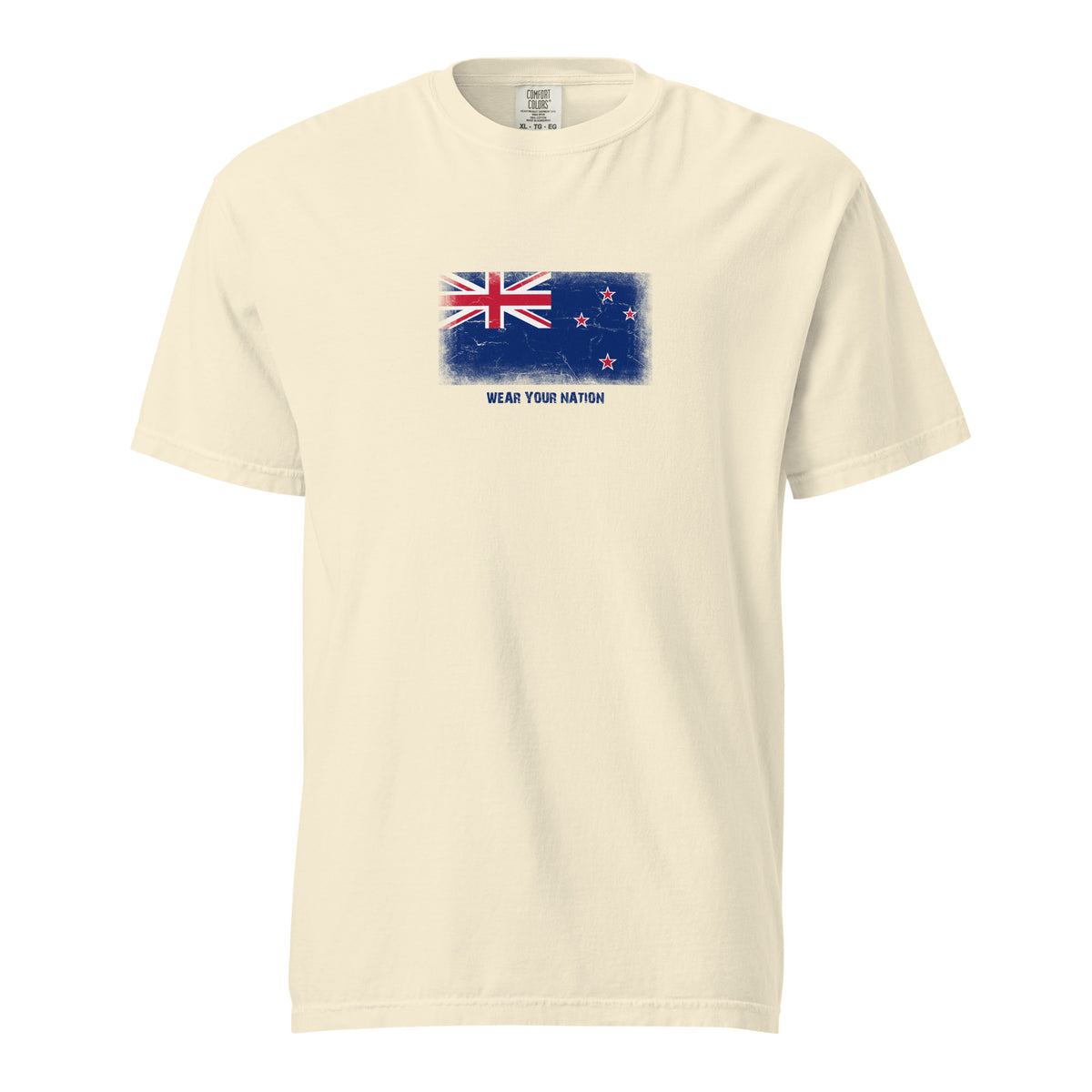 New Zealand flag t-shirt in Ivory, vintage-washed print, large flag on the chest, unisex cut, front view