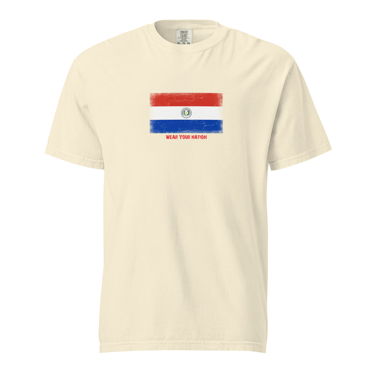 Paraguay flag t-shirt in Ivory, vintage-washed print, large flag on the chest, unisex cut, front view