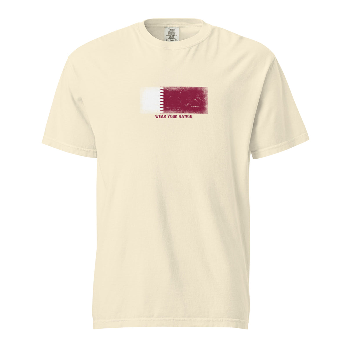 Qatar flag t-shirt in Ivory, vintage-washed print, large flag on the chest, unisex cut, front view