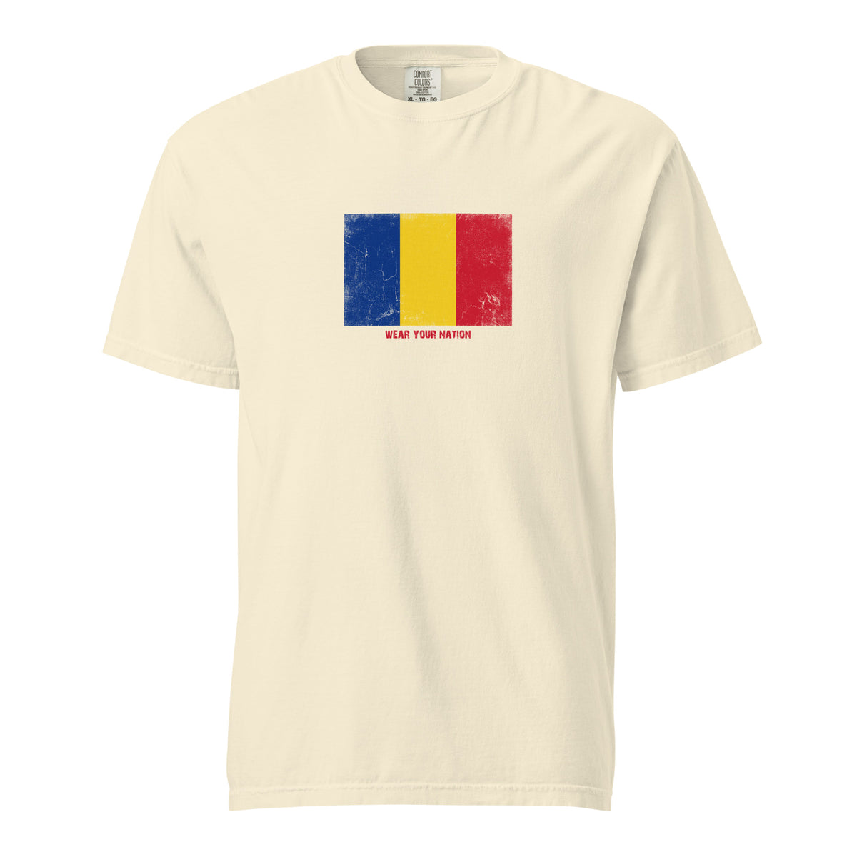 Romania flag t-shirt in Ivory, vintage-washed print, large flag on the chest, unisex cut, front view