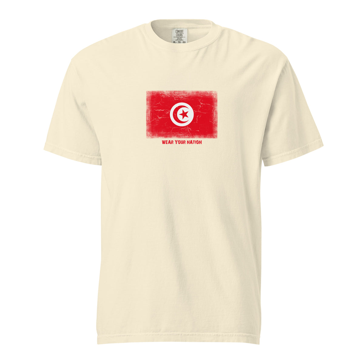 Tunisia flag t-shirt in Ivory, vintage-washed print, large flag on the chest, unisex cut, front view