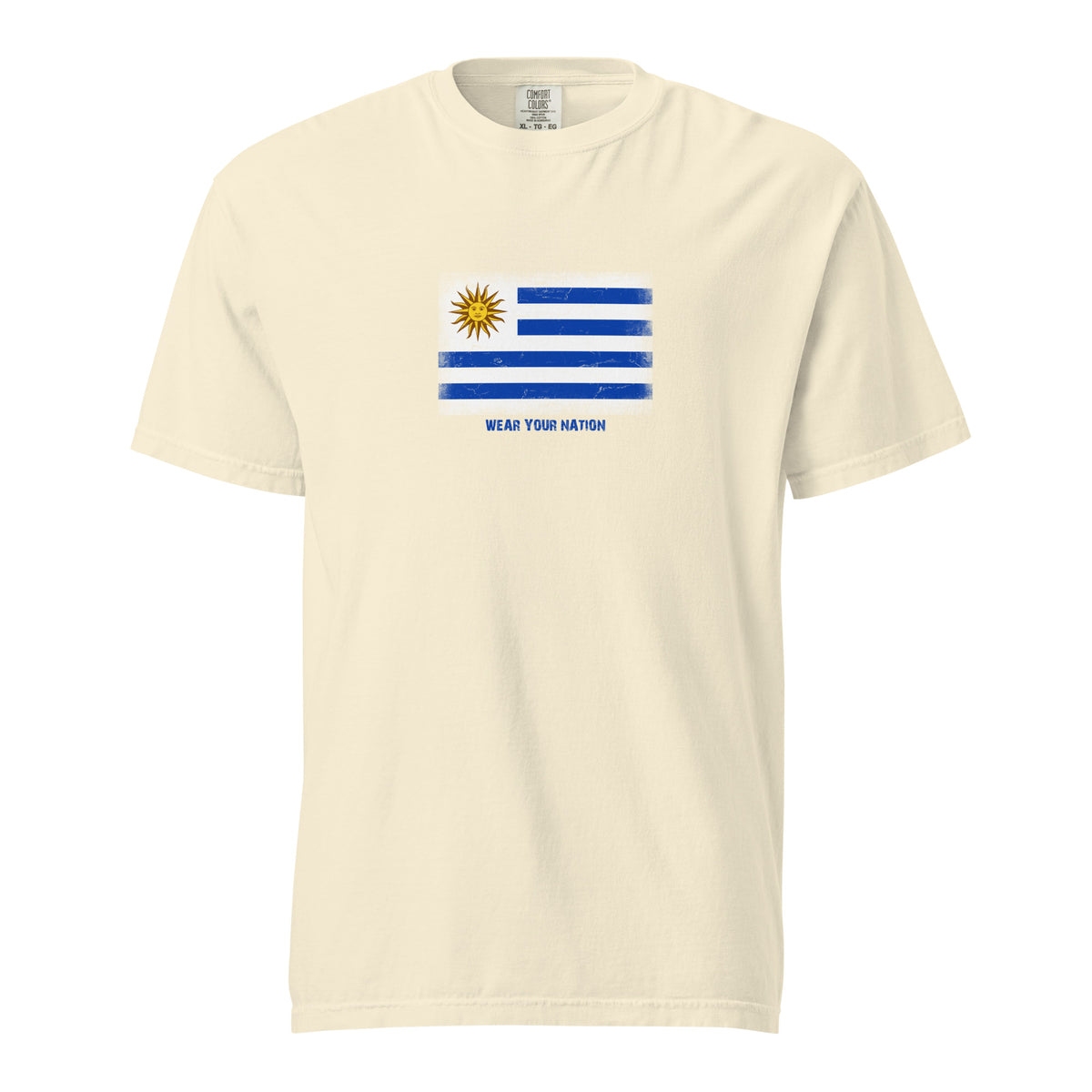 Uruguay flag t-shirt in Ivory, vintage-washed print, large flag on the chest, unisex cut, front view