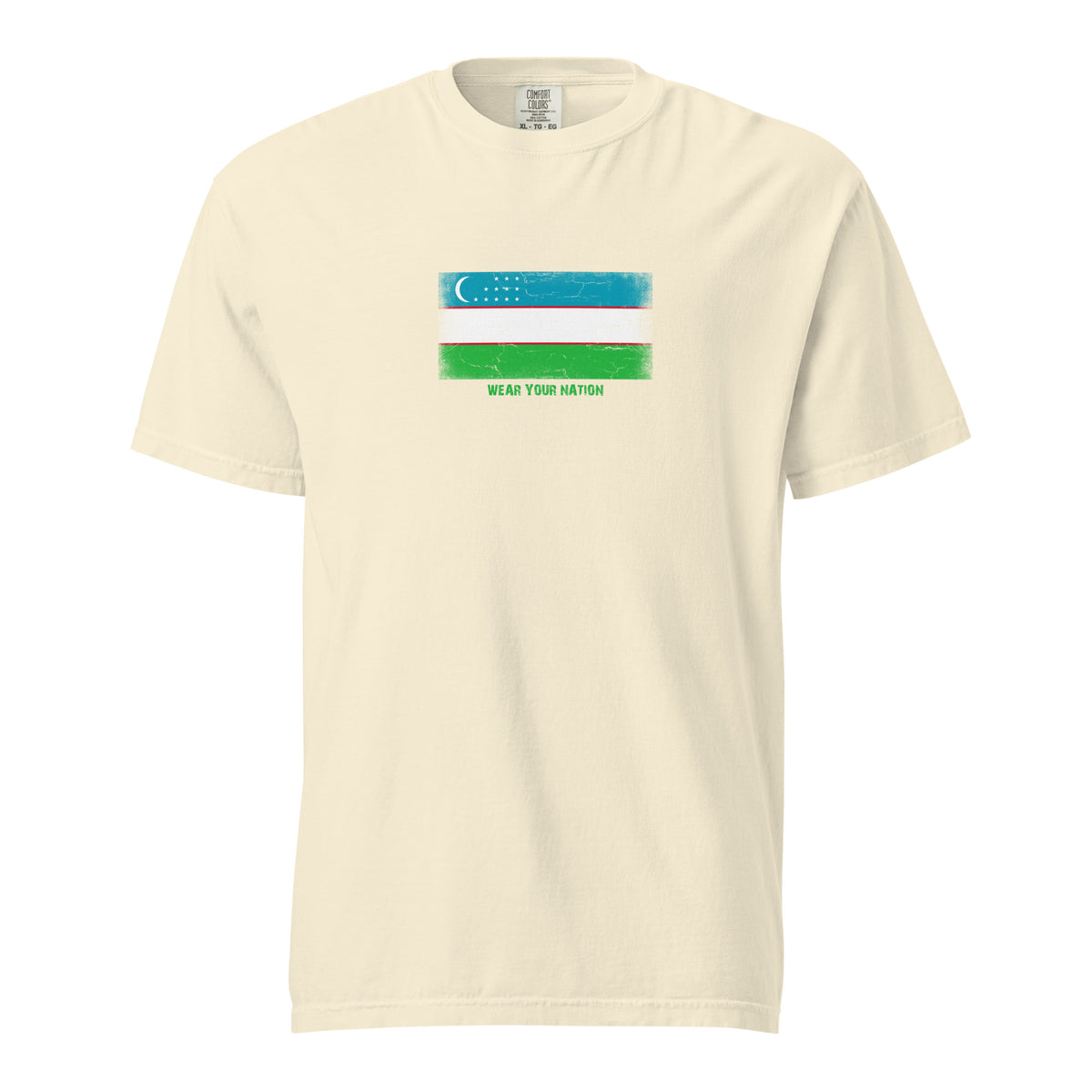 Uzbekistan flag t-shirt in Ivory, vintage-washed print, large flag on the chest, unisex cut, front view