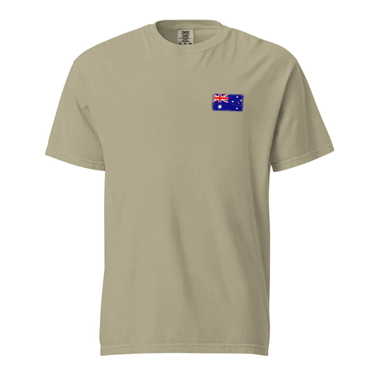 Australia flag t-shirt in Khaki, vintage-washed print, small flag on the left chest, unisex cut, front view