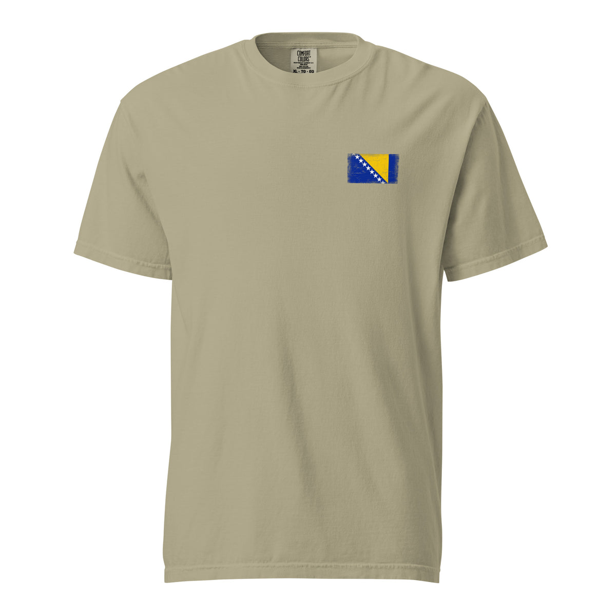Bosnia and Herzegovina flag t-shirt in Khaki, vintage-washed print, small flag on the left chest, unisex cut, front view