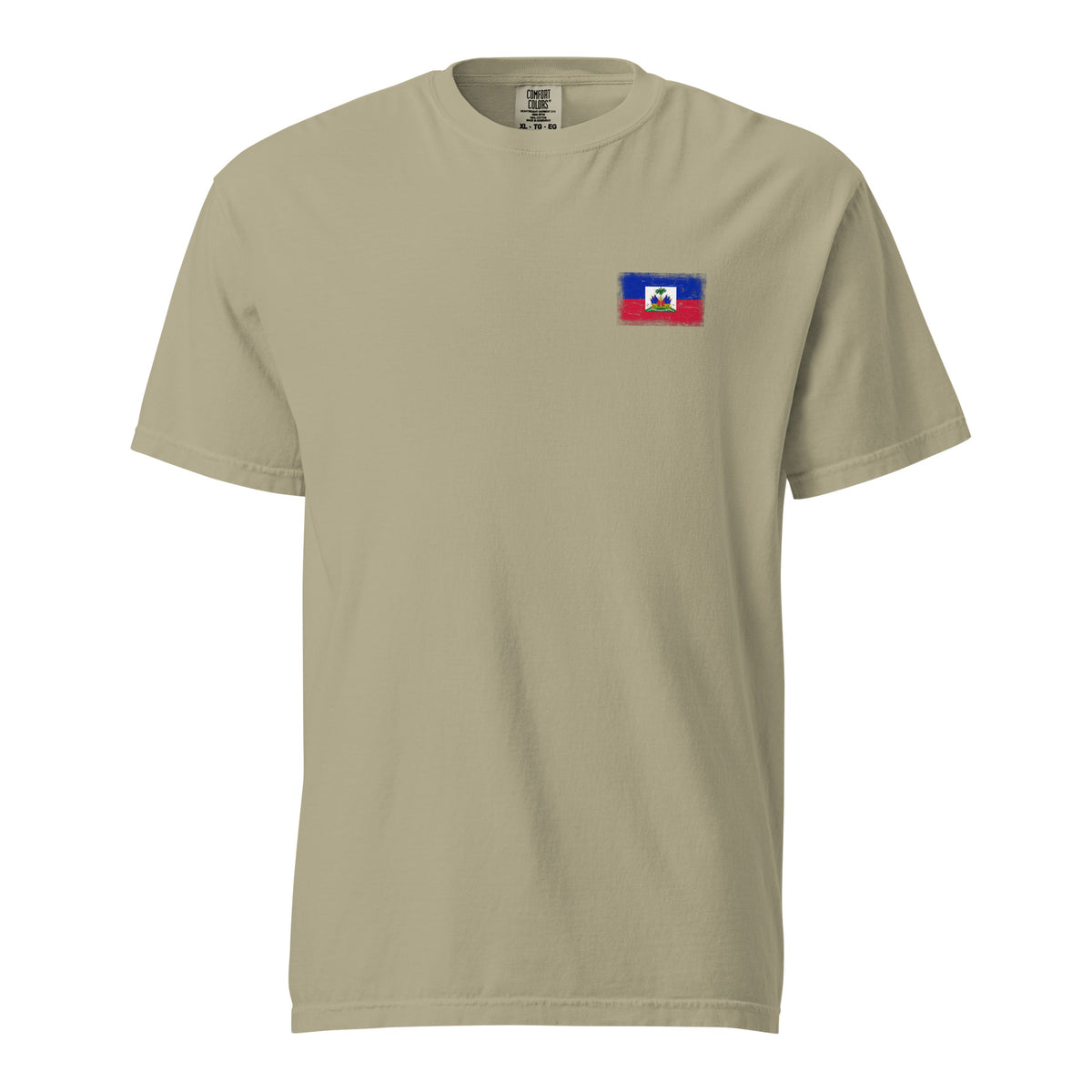Haiti flag t-shirt in Khaki, vintage-washed print, small flag on the left chest, unisex cut, front view