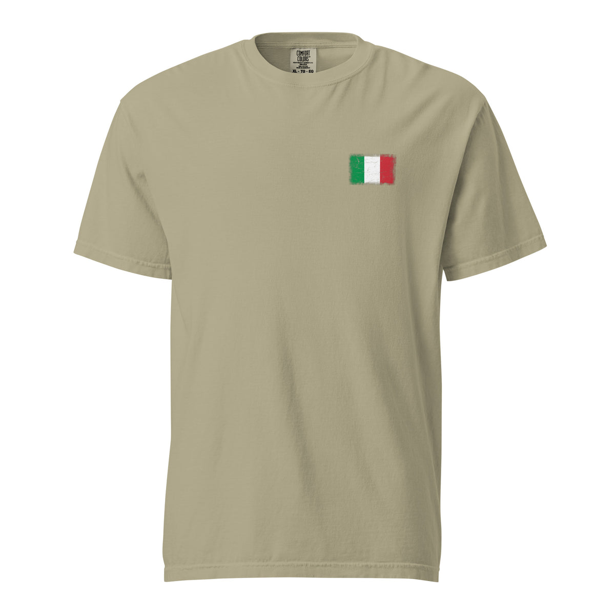 Italy flag t-shirt in Khaki, vintage-washed print, small flag on the left chest, unisex cut, front view
